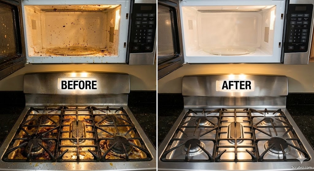 Before and after stovetop degreasing and polishing