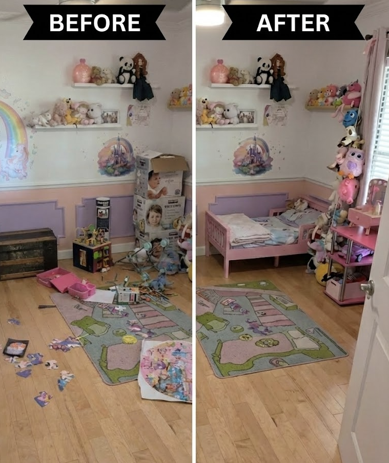 Before and after glass shower door with Scrubrz watermark