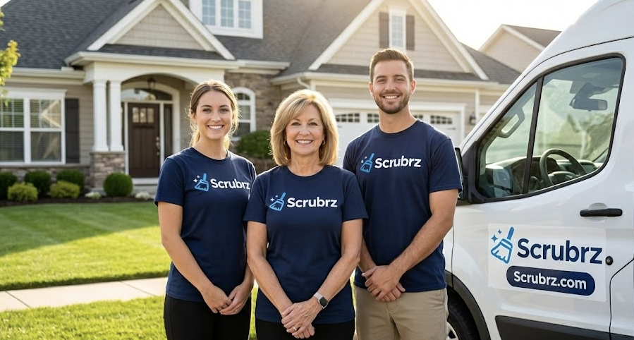 Barbara and the Scrubrz team smiling in front of a client home