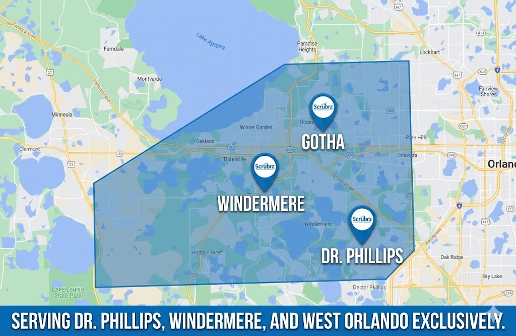 Service area overlay highlighting Dr. Phillips, Windermere, Horizon West and nearby neighborhoods