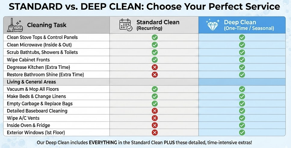 Standard versus Deep Clean checklist with green checks and highlighted Deep Clean column